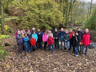 Gruppe von 23 Personen steht im Wald an einem kleinen Bach, umgeben von buntem Herbstlaub und Bäumen.