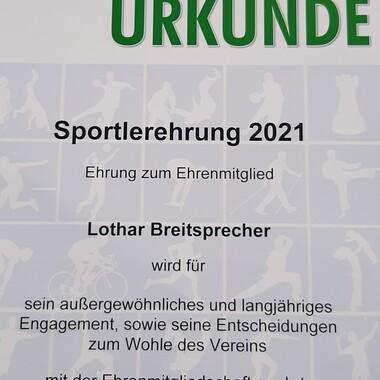 Urkunde zur Sportlerehrung 2021 für Lothar Breitsprecher mit Auszeichnung zum Ehrenmitglied des Vereins Mettmann-Sport.