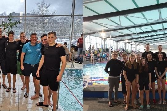 Gruppenfoto von Schwimmern in Badekleidung am Pool, links eine Männergruppe, rechts eine Frauenmannschaft.