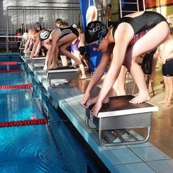 Gruppe von Schwimmern auf Startblöcken an einem Schwimmbecken, bereit zum Sprung ins Wasser.