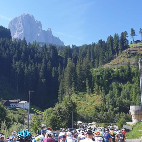 Gruppenausfahrt von Radfahrern auf einer Straße mit alpin inspirierter Kulisse und bewaldeten Hängen im Hintergrund.