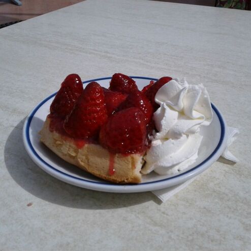 Erdbeertorte mit frischen Erdbeeren und Sahne auf einem Teller, serviert auf einem Tisch.