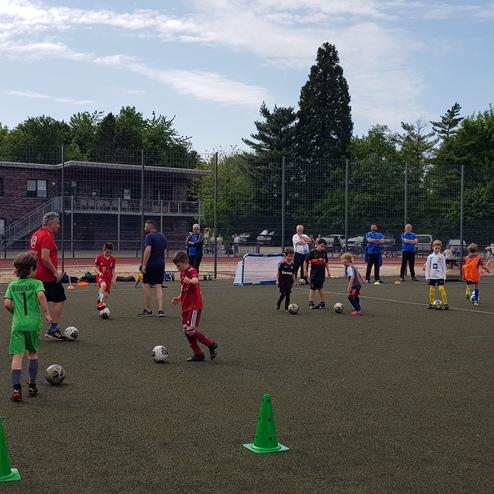 Kinder trainieren auf einem Fußballplatz, umgeben von Trainern und Markierungshütchen. عدة كرة قدم موجودة.