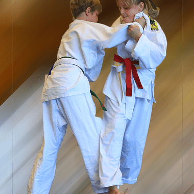 Zwei Kinder im Judoanzug üben Techniken; eines hat einen grünen, das andere einen roten Gürtel.