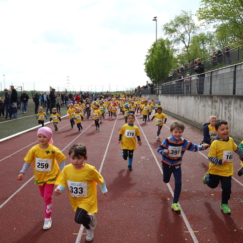 Zahlreiche Kinder in gelben T-Shirts laufen auf einer Laufbahn, umgeben von Zuschauern.