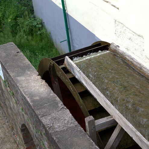 Wasserrad an einer Mauer, Wasser fließt durch einen Holzkanal, umgeben von Grünpflanzen und Mauern.