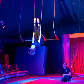 Akrobat schwingt kopfüber an Seilen in einem bunten Zirkuszelt, während Zuschauer aufmerksam zuschauen.