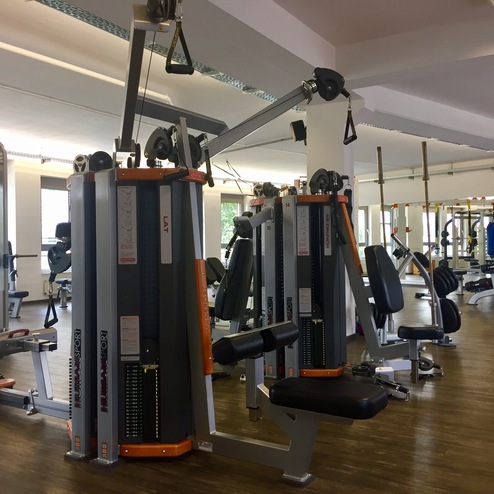 Fitnessstudio mit mehreren Kraftgeräten und freien Gewichten auf einem Holzfußboden, gut beleuchtet durch große Fenster.