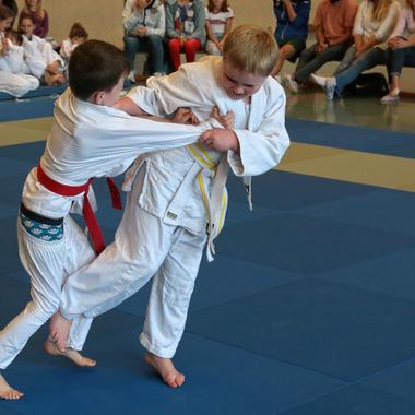 Zwei Kinder im Judoanzug k&auml;mpfen auf einer blauen Matte, w&auml;hrend Zuschauer im Hintergrund zuschauen.