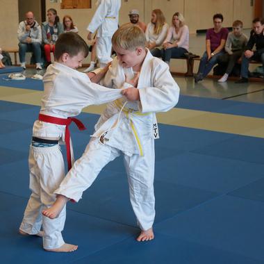 Zwei Kinder in wei&szlig;en Judogis k&auml;mpfen auf einer blauen Mattenfl&auml;che, w&auml;hrend Zuschauer im Hintergrund zuschauen.