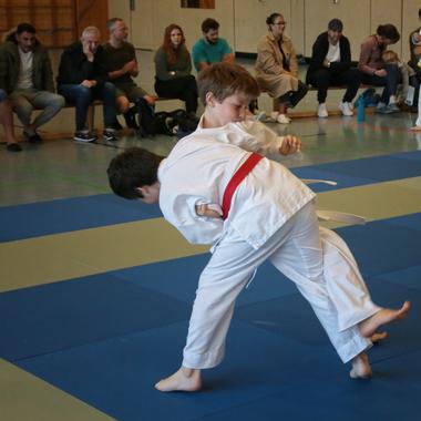 Zwei Jungen im Judoanzug &uuml;ben Technik auf einer blauen Judomatte, Zuschauer im Hintergrund.