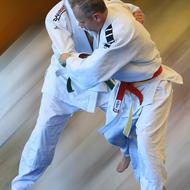 Zwei Judokas in weißen Anzügen kämpfen im Bodenkampf, der eine trägt einen grünen, der andere einen roten Gürtel.