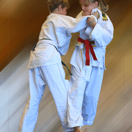 Zwei Kinder in Judoanzügen üben einen Griff, eines mit grünem, das andere mit rotem Gürtel, auf einem farbigen Hintergrund.