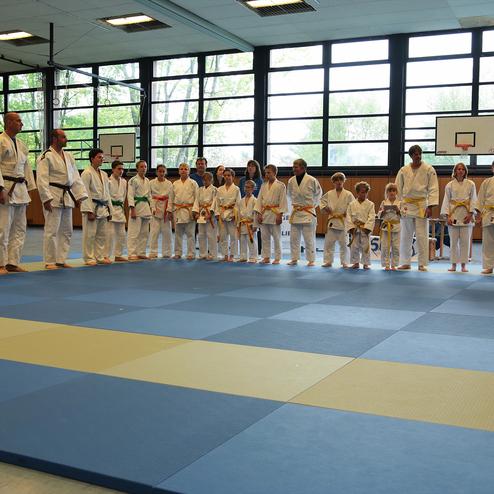 Gruppe von Judoka in weißen Anzügen wartet auf Training auf einer blauen und grünen Judomatte in einem Sportraum.