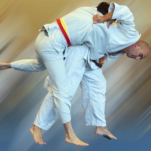 Zwei Judokas in traditioneller Kleidung führen einen Wurf in der Luft aus, während sie auf einem farbigen Hintergrund kämpfen.