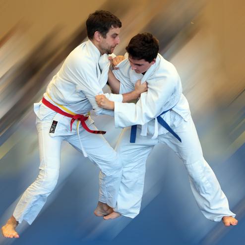 Zwei Sportler in weißen Judokis kämpfen miteinander, der eine trägt einen roten und der andere einen blauen Gürtel.