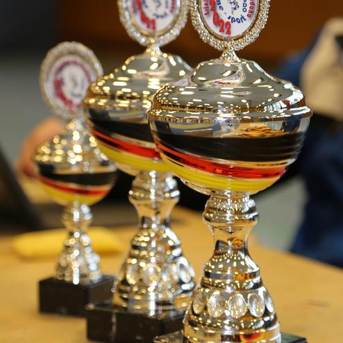 Drei silberne Pokale mit bunten Akzenten stehen auf einem Tisch, umgeben von Medaillen und einem gelben Tuch.