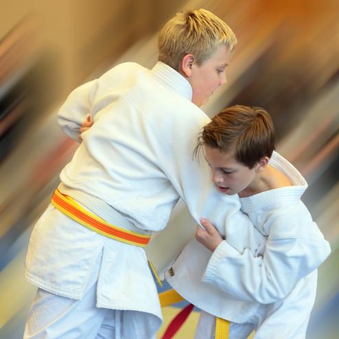 Zwei Kinder tragen Judoanzüge und üben einen Griff, während sie auf einer Mattenfläche stehen.