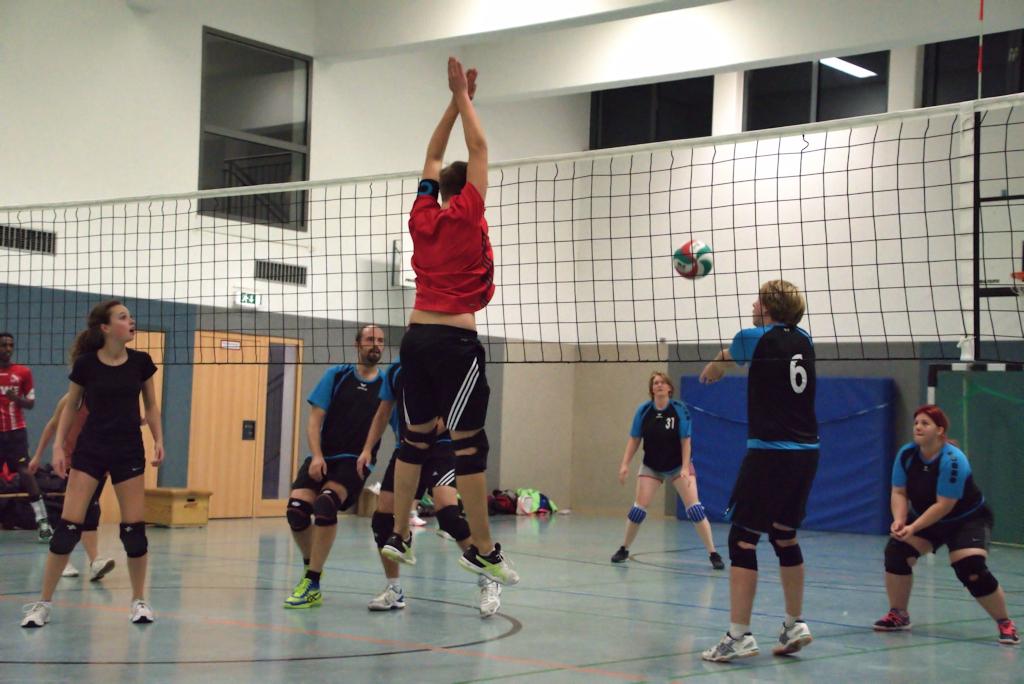 Spielszene in der Volleyballhalle mit fünf Spielern und einem Ball über dem Netz in der Luft.
