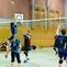 Volleyballspiel in einer Halle: Spieler mit blauem Trikot springt, um den Ball über das Netz zu blocken. Zuschauer im Hintergrund.