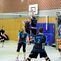 Volleyballspiel in einer Sporthalle mit Spieler:innen im Angriff und Abwehr sowie einem Schiedsrichter auf der Plattform.