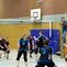 Volleyballspiel in einer Halle mit Spielern in schwarz-blauen Trikots und einem Ball, der über das Netz fliegt.