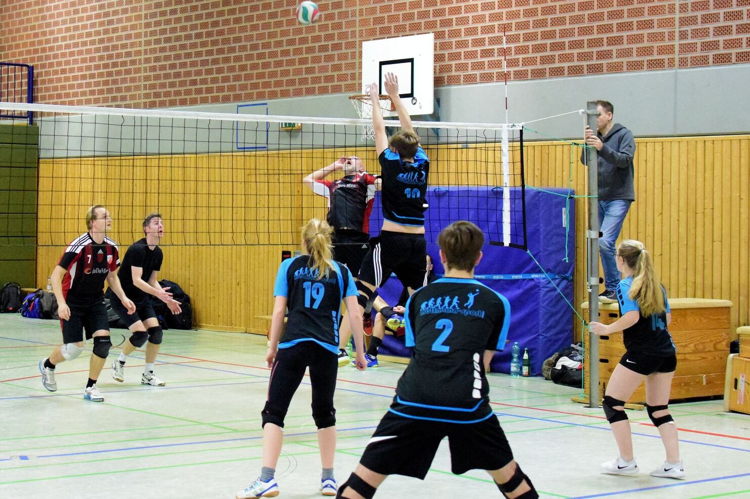 Volleyballspiel in einer Sporthalle mit Spieler:innen im Angriff und Abwehr sowie einem Schiedsrichter auf der Plattform.