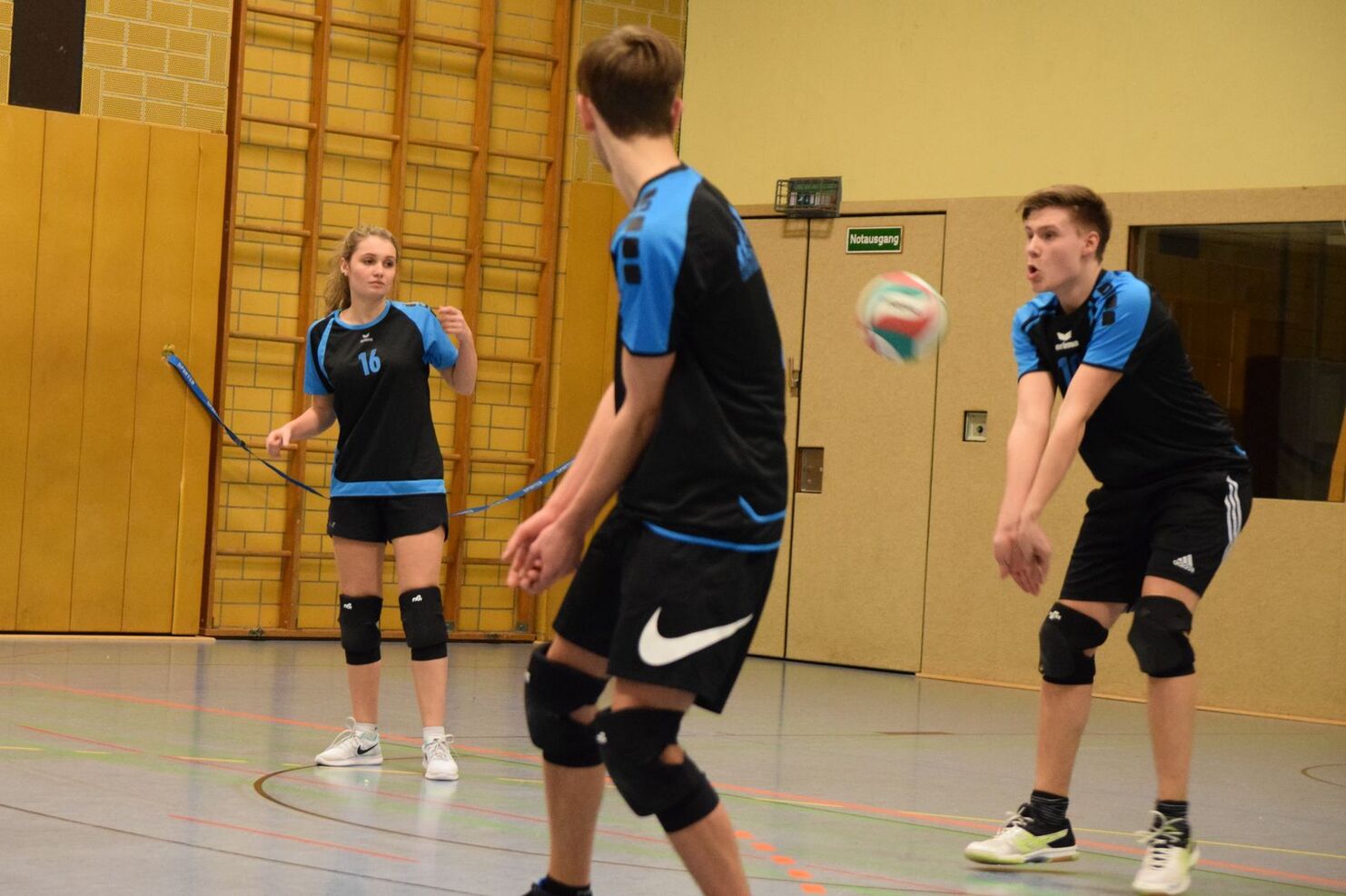 Drei Volleyballspieler in action, einer empfängt den Ball, während die anderen sich auf das Spiel vorbereiten.