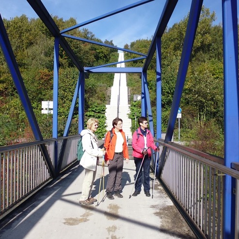 Drei Wanderer stehen auf einer blauen Brücke mit Blick auf eine Treppe inmitten von Bäumen.
