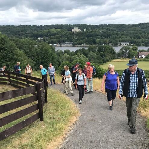 Gruppe von Wanderern auf einem Schotterweg, umgeben von Bäumen und Wiese, mit einem angrenzenden Holzzaun.