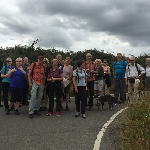 Gruppe von Wanderern auf einer Straße, umgeben von Grün, teils mit Rucksäcken, ein Hund steht vorne. Wolkiger Himmel.