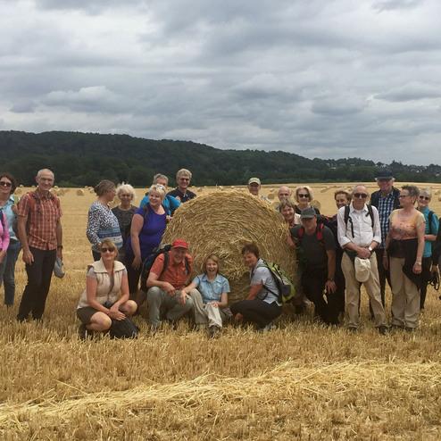 Gruppe von Wanderern posiert vor Heuballen auf einem Feld unter bewölktem Himmel. Zwei Hunde sind ebenfalls sichtbar.