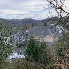 Blick auf ein kleines Dorf in einer hügeligen Landschaft, umgeben von Bäumen und Wolken am grauen Himmel.