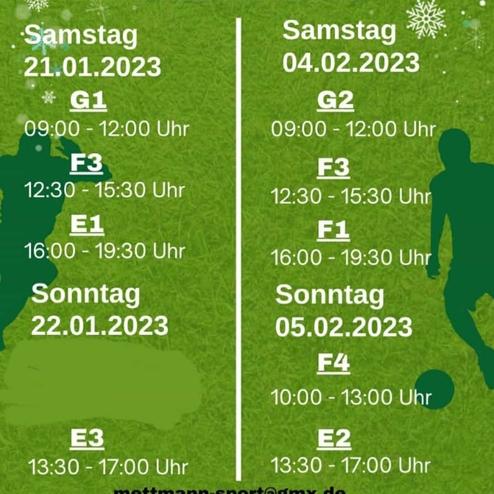 Ankündigung des ME Sport Wintercup 2023 mit Terminen und Zeiten für Hallenturniere an verschiedenen Tagen.