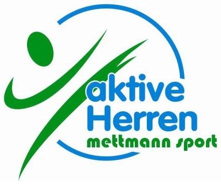Wei&szlig;er Hintergrund wo ein Piktorgramm als Person im Kreis dargestellt ist und in gr&uuml;ner und blauer Schrift aktive Herren, mettmann-sport steht.