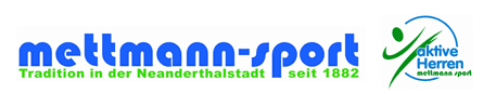 Weißer Hintergrund wo ein Piktorgramm als Person im Kreis dargestellt ist und in grüner und blauer Schrift aktive Herren, mettmann-sport steht. Links davon ist noch zusätzlich die Wortmarke mettmann-sport Tradition in der Neanderthalstadt