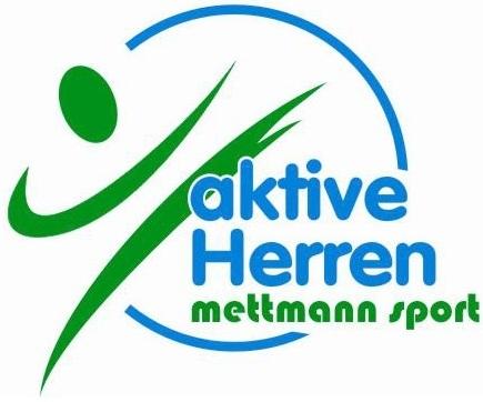 Wei&szlig;er Hintergrund wo ein Piktorgramm als Person im Kreis dargestellt ist und in gr&uuml;ner und blauer Schrift aktive Herren, mettmann-sport steht.