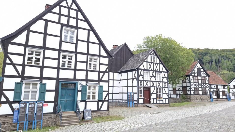 Fachwerkhäuser in einer Reihenansicht mit grünen Fensterläden und gepflastertem Weg. Bäume im Hintergrund.