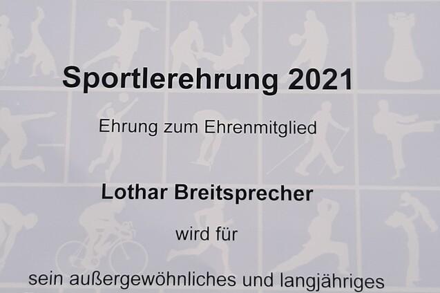 Urkunde zur Sportlerehrung 2021 für Lothar Breitspecher, ausgezeichnet für außerordentliches Engagement im Verein.