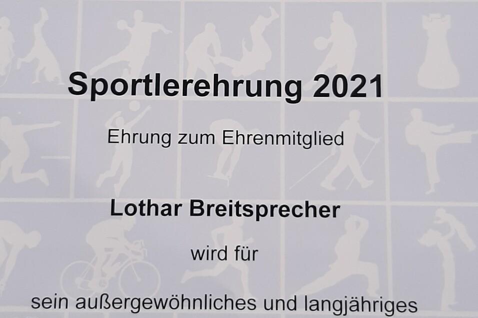Urkunde zur Sportlerehrung 2021 für Lothar Breitspecher, ausgezeichnet für außerordentliches Engagement im Verein.