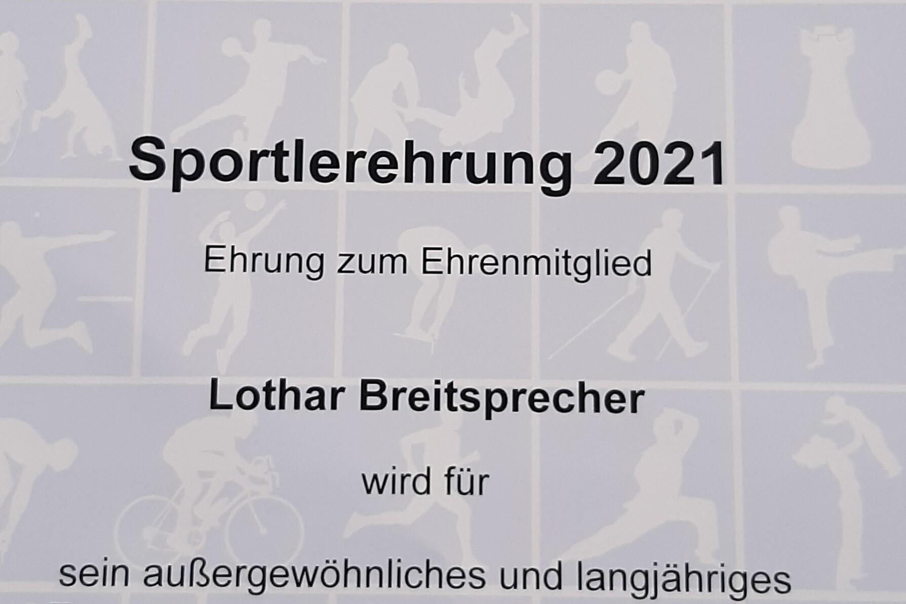 Urkunde zur Sportlerehrung 2021 für Lothar Breitspecher, ausgezeichnet für außerordentliches Engagement im Verein.