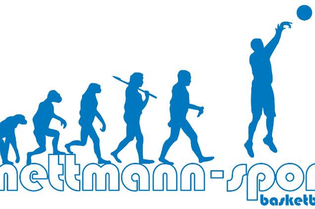 Schematische Darstellung der menschlichen Evolution zum Basketballspieler mit dem Text "mettmann-sport basketball" darunter.