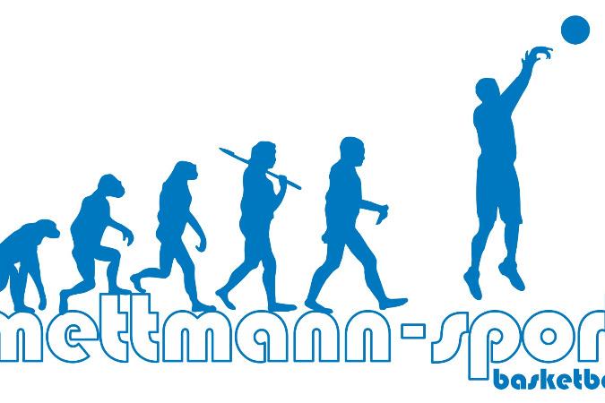 Schematische Darstellung der menschlichen Evolution zum Basketballspieler mit dem Text "mettmann-sport basketball" darunter.