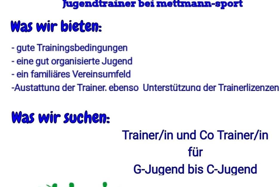 Ankündigung für Jugendtrainer bei mettmann-sport mit Angeboten und Suchanfragen, Kontaktinformationen unten.