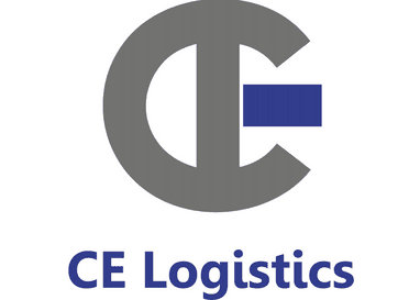 Logo von CE Logistics mit grauem Buchstaben "C" und "E" sowie blauem Wort "Logistics" darunter.