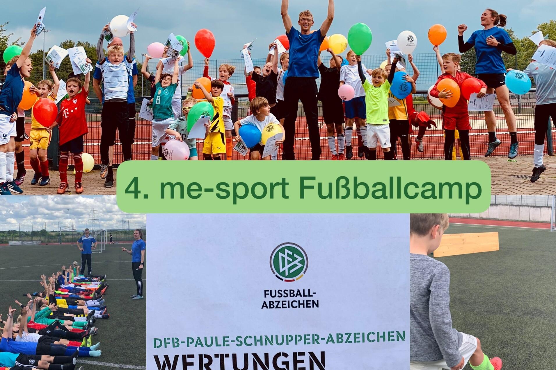 Kinder beim 4. me-sport Fu&szlig;ballcamp feiern mit Luftballons und zeigen Urkunden auf einem Sportplatz.