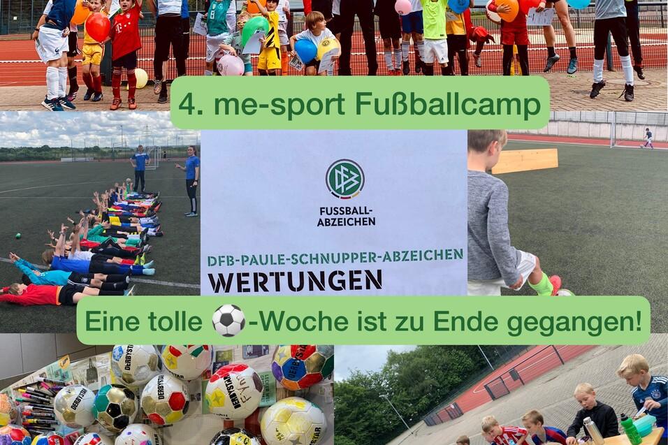 Kinder beim 4. me-sport Fußballcamp feiern mit Luftballons und zeigen Urkunden auf einem Sportplatz.