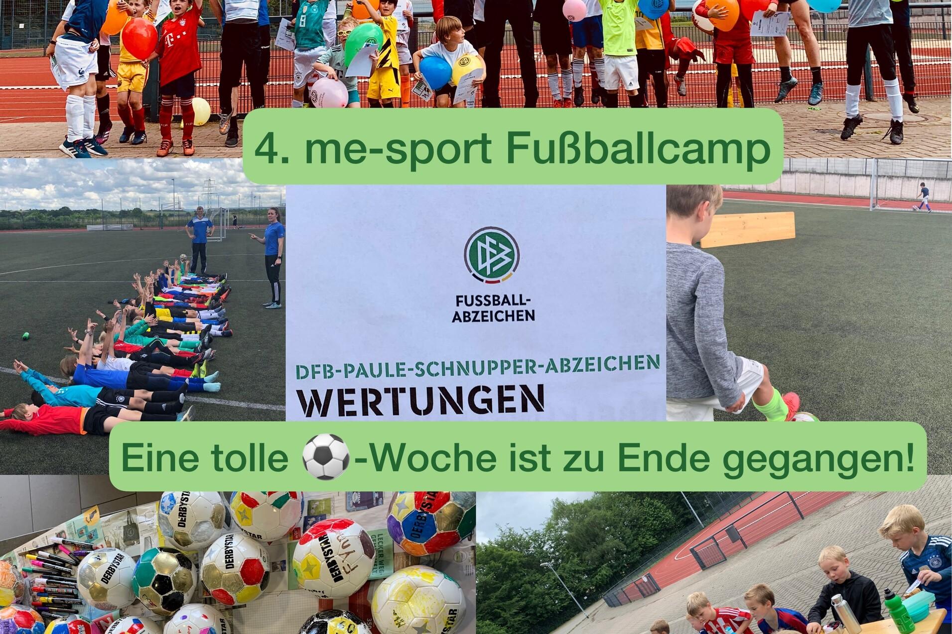 Kinder beim 4. me-sport Fußballcamp feiern mit Luftballons und zeigen Urkunden auf einem Sportplatz.