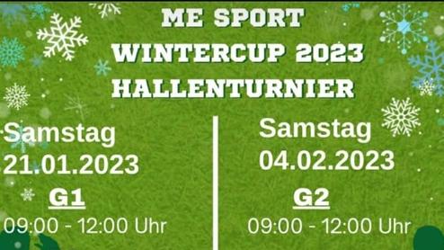 Spielplan für den ME Sport Wintercup 2023 mit Terminen, Uhrzeiten und Kontaktdaten auf grünem Hintergrund.