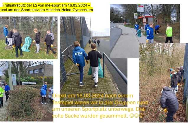 Kinder sammeln Müll beim Frühjahrsputz am Heinrich-Heine-Gymnasium, während sie in Gruppen unterwegs sind.